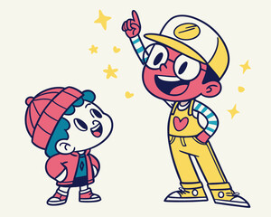 Two cheerful children pointing at stars cartoon illustration with transparent background