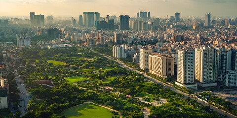 Naklejka premium Aerial Cityscape View Green Park Skyscrapers Buildings Sunset