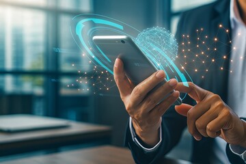 Businessman using modern smartphone technology with futuristic digital interface, showing connectivity and data transfer in an office setting for innovative solutions.