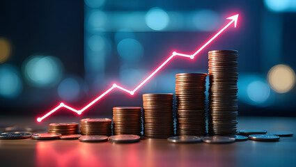 Photo of stacks of coins show a positive growth trend with an upward arrow