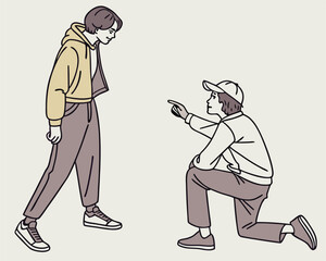 Two young men interacting minimalist line art on transparent background