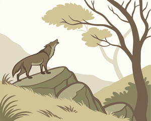 Vector illustration of a howling wolf on a rocky outcrop in the wilderness