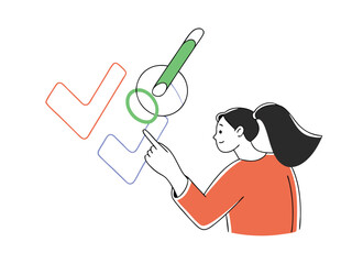 Vector illustration of a woman pointing at checkmarks on transparent background