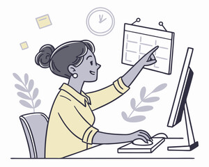 Woman planning schedule at computer pointing to calendar with transparent background