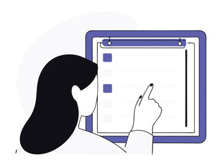 Woman pointing at checklist on clipboard illustration isolated on white background