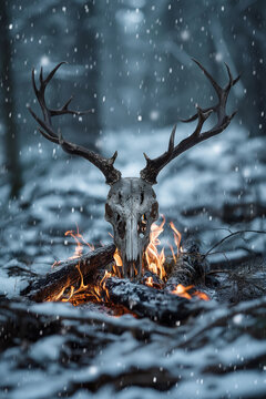 Deer skull with antlers on snow-covered ground with fire. Winter forest setting with a campfire for survival and wilderness theme.