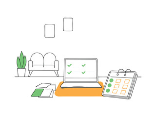 Workspace illustration with laptop and calendar on a white background with transparency