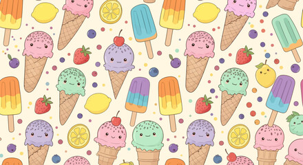 Playful Pattern of Cartoon Ice Cream Cones Popsicles and Fruits with Smiling Faces.