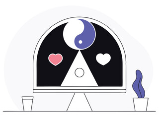Yin yang balance concept symbolized on a computer screen with heart elements