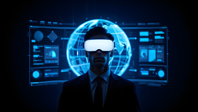 Photo of a businessman uses vr technology to analyze data on a virtual screen - Powered by Adobe