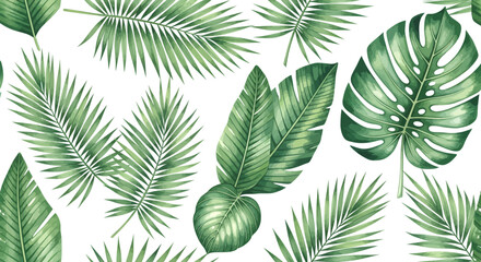 Watercolor Tropical Foliage Pattern with Palm Fronds and Monstera Leaves.