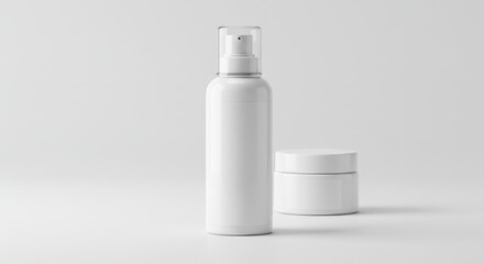 Clean minimalist studio shot showcases a white tube and jar for beauty product packaging mockup.