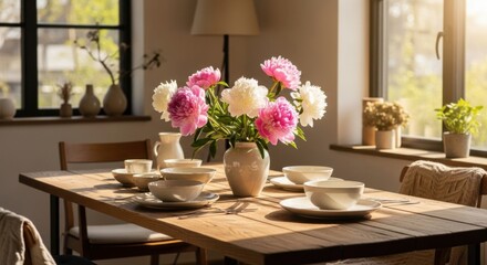 A Beautiful Table Setting with a Vase of Peonies on a Wooden Table in a Sunlit Room