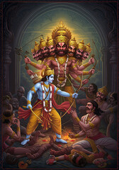 Fototapeta premium Epic Illustration of Lord Rama and Ravana's Battle in Ancient India