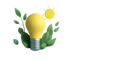 Eco Light Bulb with Green Leaves and Sun Symbol on Transparent Background