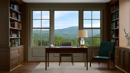 Home office with mountain view dark wood desk and built in bookshelves