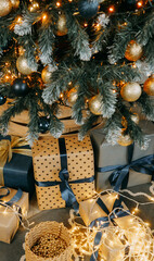 Wrapped holiday gift box under a decorated Christmas tree with lights. Festive surprise for celebration and winter interior.