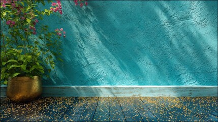 Naklejka premium A green leafy plant in a golden pot sits on a wooden floor with scattered petals, against a textured turquoise wall with light and shadow play.