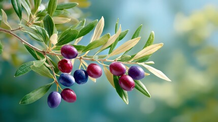 Farm to bottle olive oil visual, A close-up of an olive branch with ripe purple and red olives against a soft, blurred background.