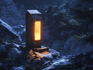 A futuristic solar-powered lamp illuminates a rocky, forested area at dusk or night, creating a warm glow.