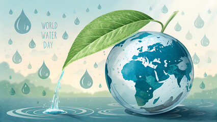 World water day illustration concept with globe leaf and water drops for environmental awareness campaign