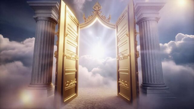 Majestic golden gates of heaven opening between tall classical pillars, glowing divine light shining through, surrounded by fluffy clouds.