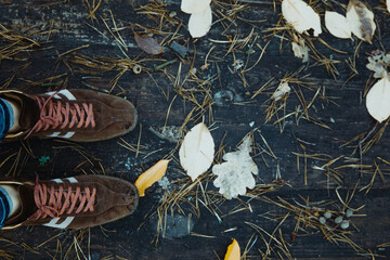 Shoes and Fallen Leaves on Wooden Floor Autumn background. Oak tree brown leaf. Foot leg top view