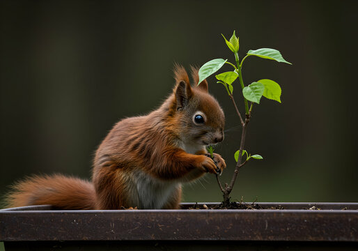 Adorable Red Squirrel Tending a Sapling in a Pot