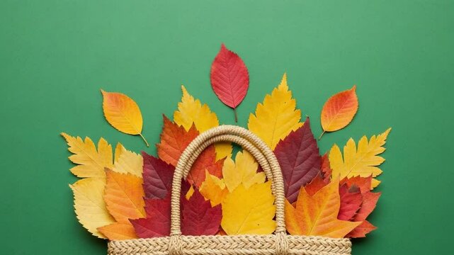 Woven Basket Filled with Vibrant Autumn Leaves in a Spectrum of Colors Against a Green Background, Celebrating the Beauty of Fall Foliage