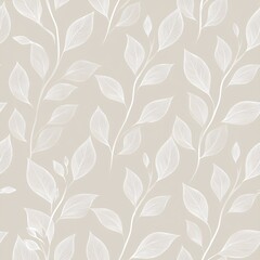 Seamless Beige Botanical Pattern with White Leaf Outlines in a Soft Elegant Style