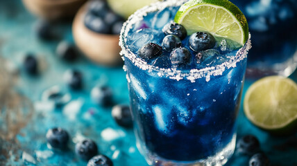 Blueberry margarita: refreshing, vibrant, and perfect for summer. Garnished with lime and fresh blueberries.