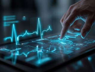 Futuristic medical tablet showing glowing vital signs dashboard, doctor's hands operating an EKG, holographic patient data highlighted on dark interface.