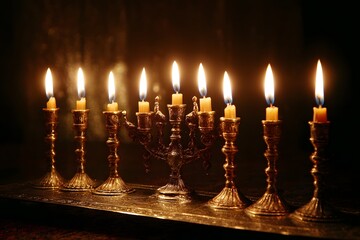 Hanukkah menorah glowing with all candles lit