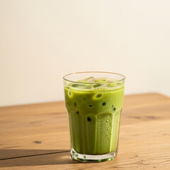 A fresh, healthy green tea matcha beverage with sweet offers a cold refreshment in a glass on the wooden table