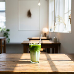 A fresh, healthy green tea matcha beverage with sweet offers a cold refreshment in a glass on the wooden table
