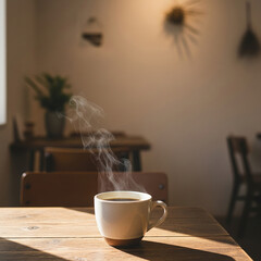 cup of coffee on wooden table