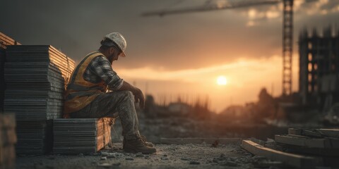 worker at jobsite sun up or sun down, exhausted from day of work at dusk, safety vest and hard hat