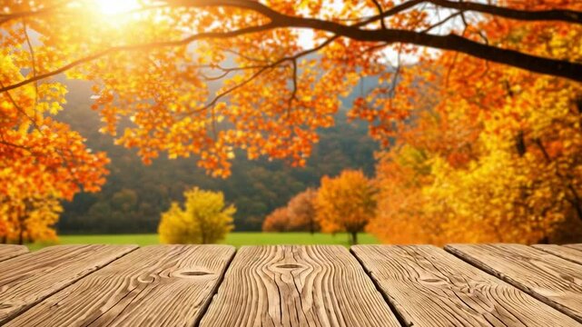 A tranquil autumn landscape featuring a wooden table in the foreground, surrounded by vibrant fall foliage, illuminated by golden sunlight shining through the trees.