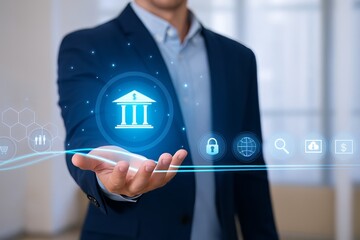 A businessman presents financial technology with a futuristic interface, showcasing digital banking, security, and global connectivity in a modern business environment