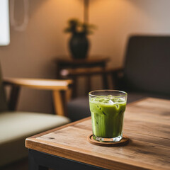 A fresh, healthy green tea matcha beverage with sweet offers a cold refreshment in a glass on the wooden table