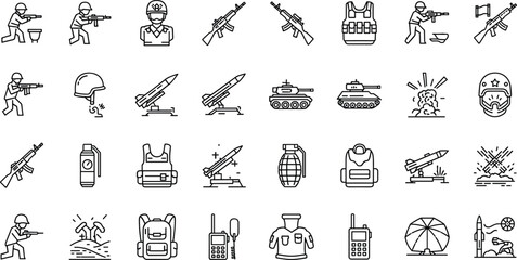 Military, war line icon set. Vector pictograms of soldier, weapon, defense equipment, tank, missiles, grenade, combat gear, battlefield thin linear