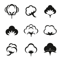 Set of black cotton icons in minimalist style, silhouette vector illustrations for eco textiles, labels or packaging design