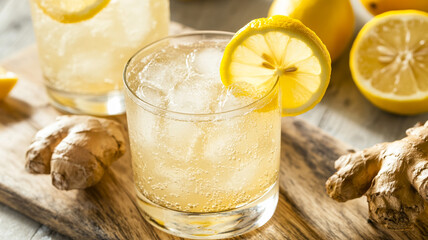 Refreshing ginger lemon cocktail with ice and a lemon slice, perfect for a crisp, zesty beverage.