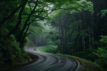 Fototapeta premium Wet asphalt road winding through a misty forest after the rain