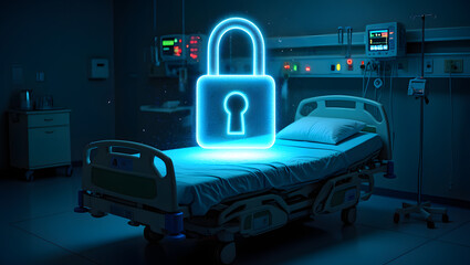 Photo of a digital lock hovers over a hospital bed, symbolizing healthcare security