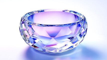 Faceted crystal bowl shines with blue and purple light reflection against the bright backdrop