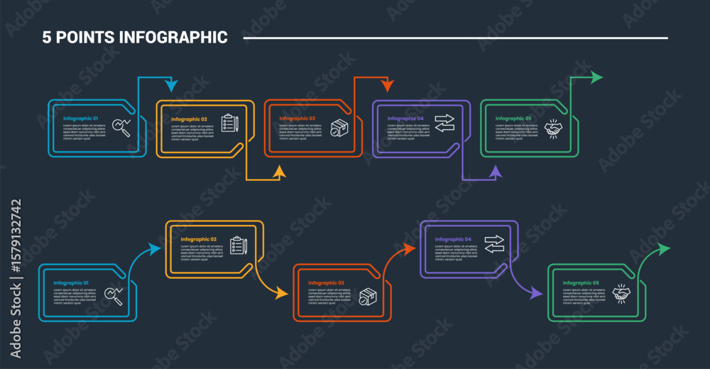 Poster 5 stage infographic process diagram with folder shape with double line up and down with dark backgro