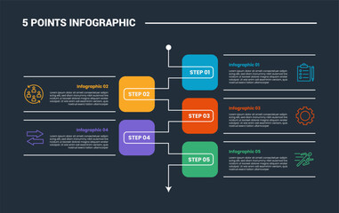 5 stage infographic process diagram with round box stacked vertical list with line connection with dark background bright outline style