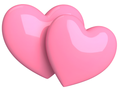 3D Pair of Glossy Pink Hearts with Soft Reflections, Transparent Background