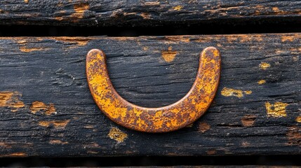 Rusty U-shaped metal on weathered wood